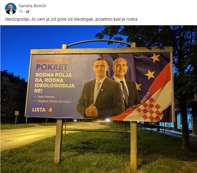 Fotografija plakata Domovinskog pokreta širi se mrežama. Oglasila se i Benčić: Ideologodija je gora od ideologije
