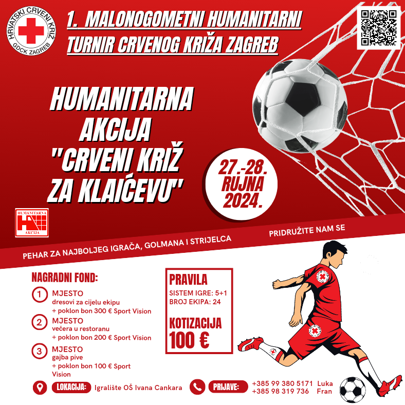 Poziv na 1. Humanitarni malonogometni turnir Crvenog križa Zagreb „Crveni križ za Klaićevu”