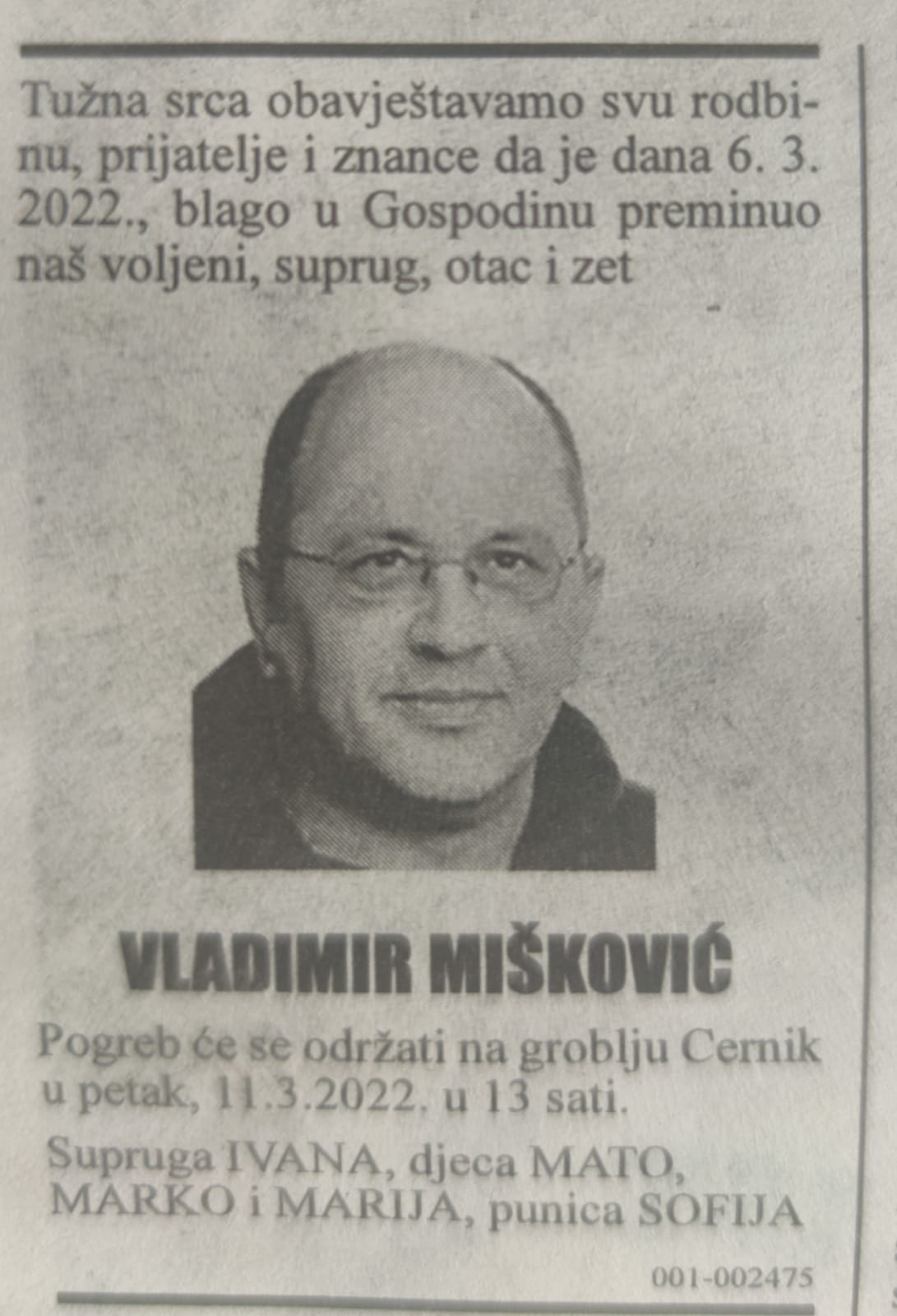 OBAVIJEST O POGREBU HRVATSKOG BRANITELJA - VLADIMIR MIŠKOVIĆ