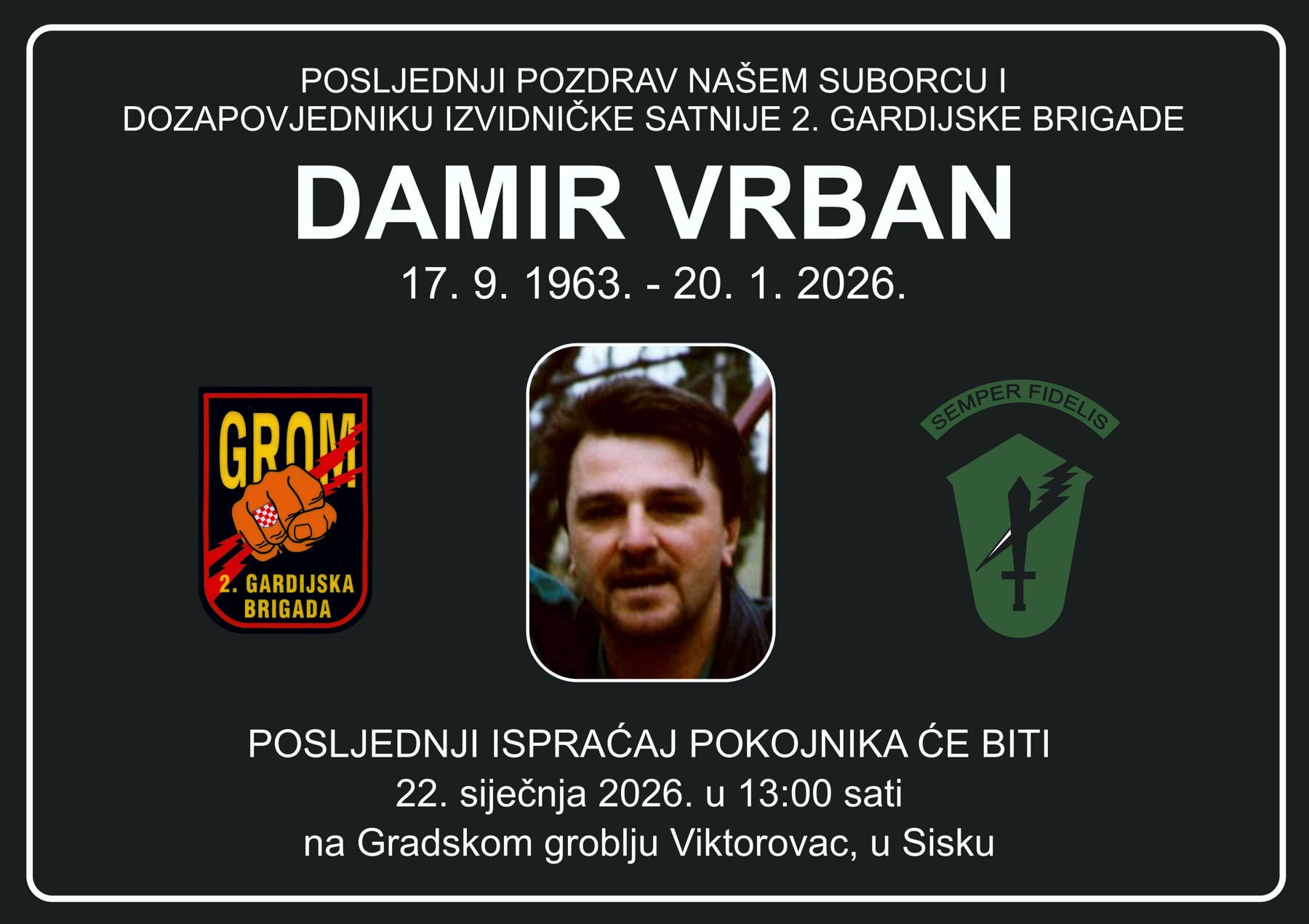 Posljednji pozdrav hrvatskom branitelju Damiru Vrbanu