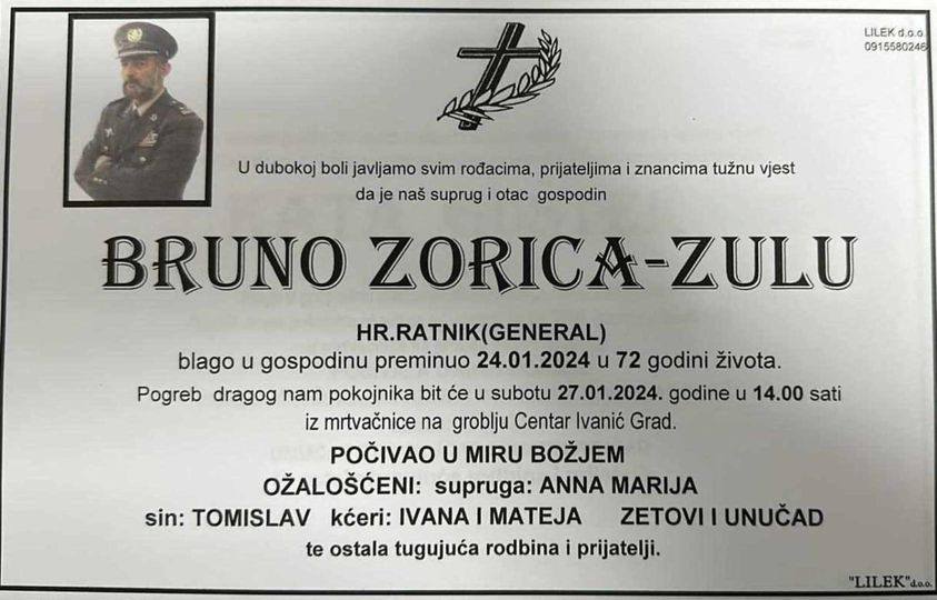 BRUNO ZORICA - ZULU (1952. - 2024.) - POSLJEDNI POZDRAV