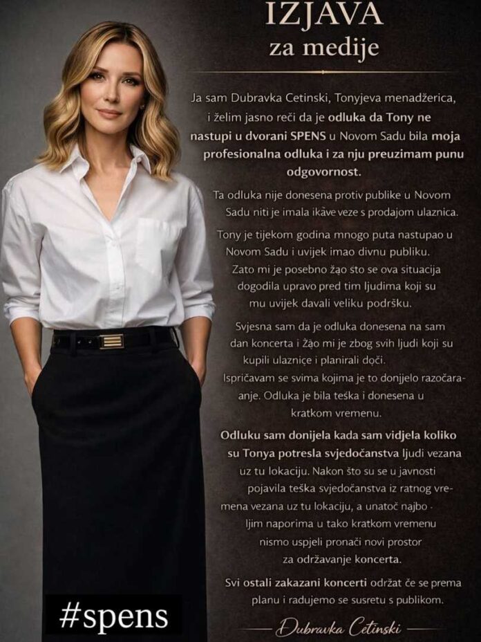 Menadžerica Tonija Cetinskog preuzela odgovornost: „Odluka o otkazivanju koncerta u Novom Sadu bila je moja“