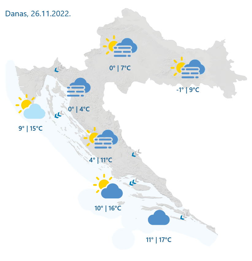 DHMZ: Umjereno i pretežno oblačno, u unutrašnjosti mjestimice maglovito