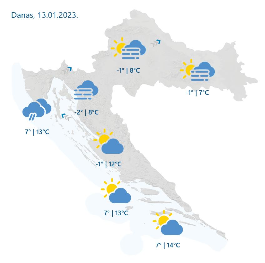 DHMZ: Umjereno i pretežno oblačno, ujutro mjestimice u unutrašnjosti s maglom. Poslijepodne malo kiše moguće mjestimice na sjevernom Jadranu i u gorju, a navečer i u noći i drugdje