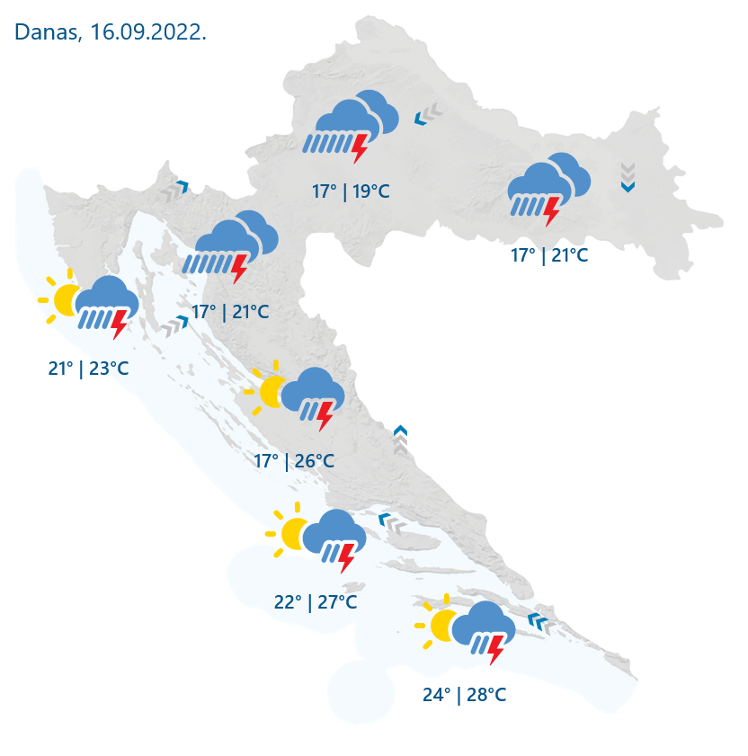 DHMZ: U unutrašnjosti pretežno, a na većem dijelu Jadrana promjenljivo oblačno, uz povremenu kišu, mjestimice i grmljavinu