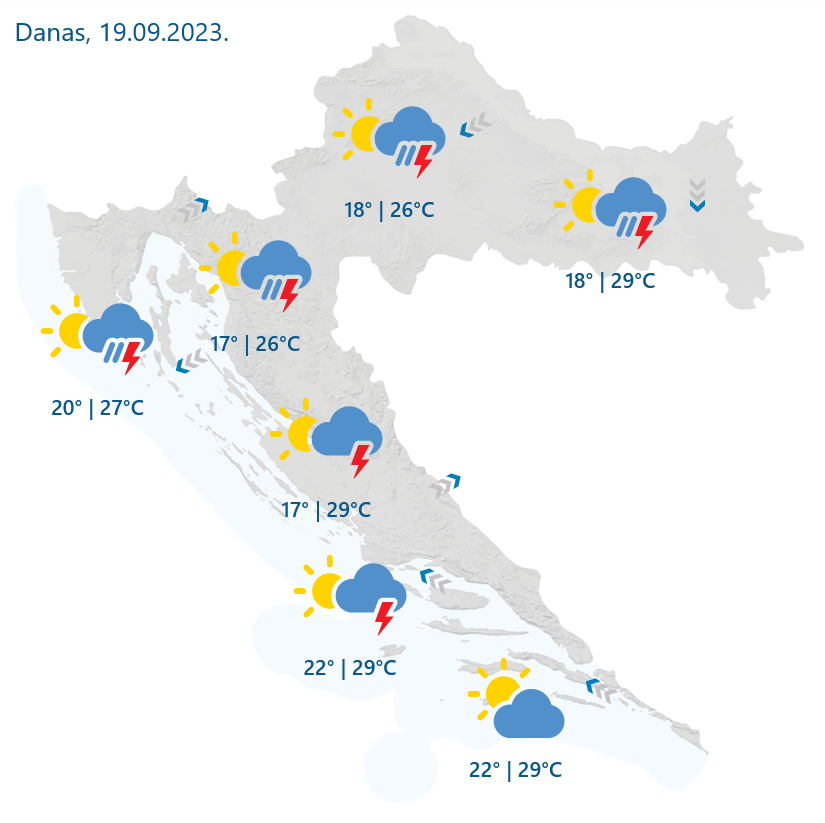 Nestabilno vrijeme: Kiša, pljuskovi i grmljavina pogađaju unutrašnjost i sjeverni Jadran, dok Dalmacija uživa u suncu