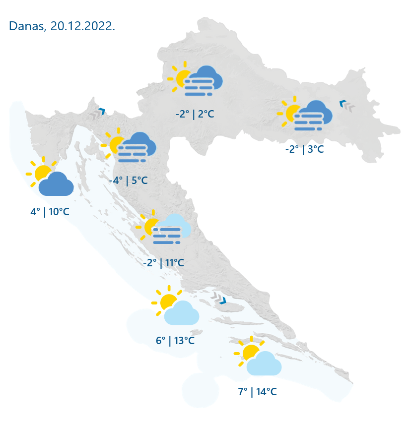Ujutro u većini krajeva umjereno do pretežno oblačno, u unutrašnjosti ponegdje maglovito, a na sjeveru i u gorju mjestimice kiša. U Dalmaciji sunčano