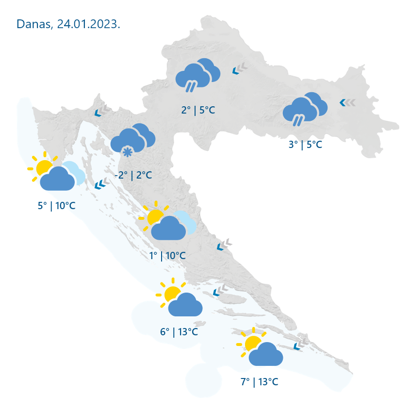 DHMZ: U unutrašnjosti pretežno oblačno, povremeno s kišom, u gorju sa snijegom