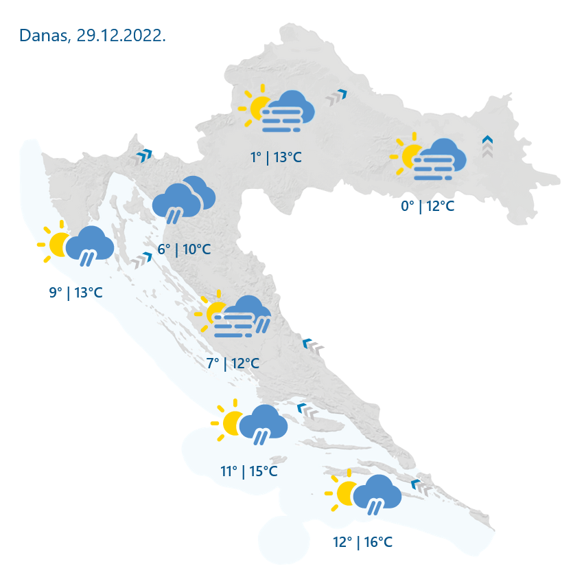 DHMZ: Na Jadranu i u područjima uz Jadran promjenljivo, ponegdje i pretežno oblačno, uz mjestimičnu kišu. U ostalim krajevima djelomice, ponegdje na krajnjem sjeveru i pretežno sunčano.