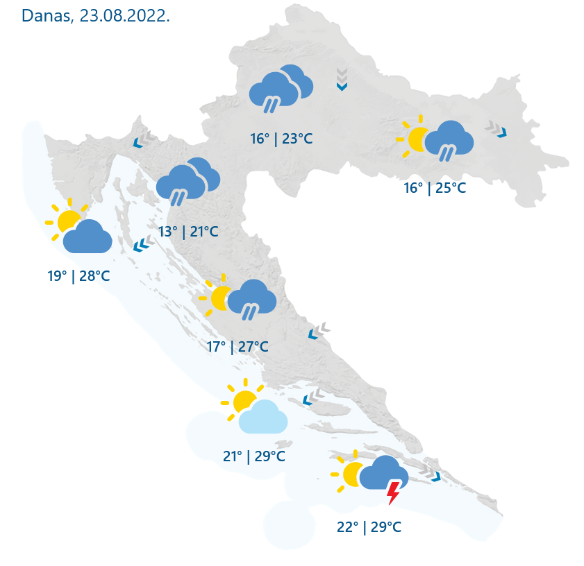 Oblačno uz mjestimičnu kišu, na Jadranu djelomice sunčano uz promjenjivu naoblaku