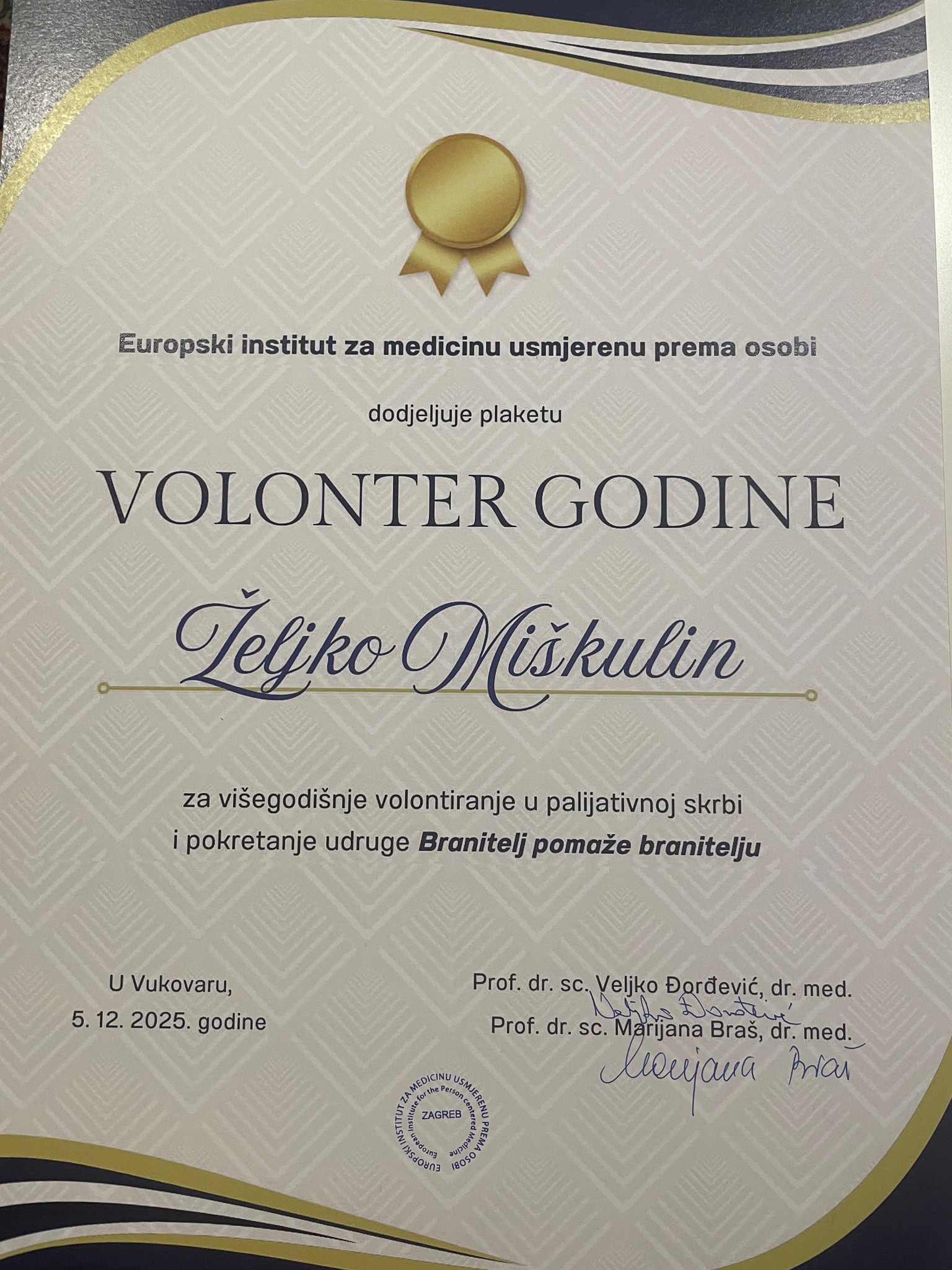 Povelja za humanost: Europski institut odlikovao Željka Miškulina