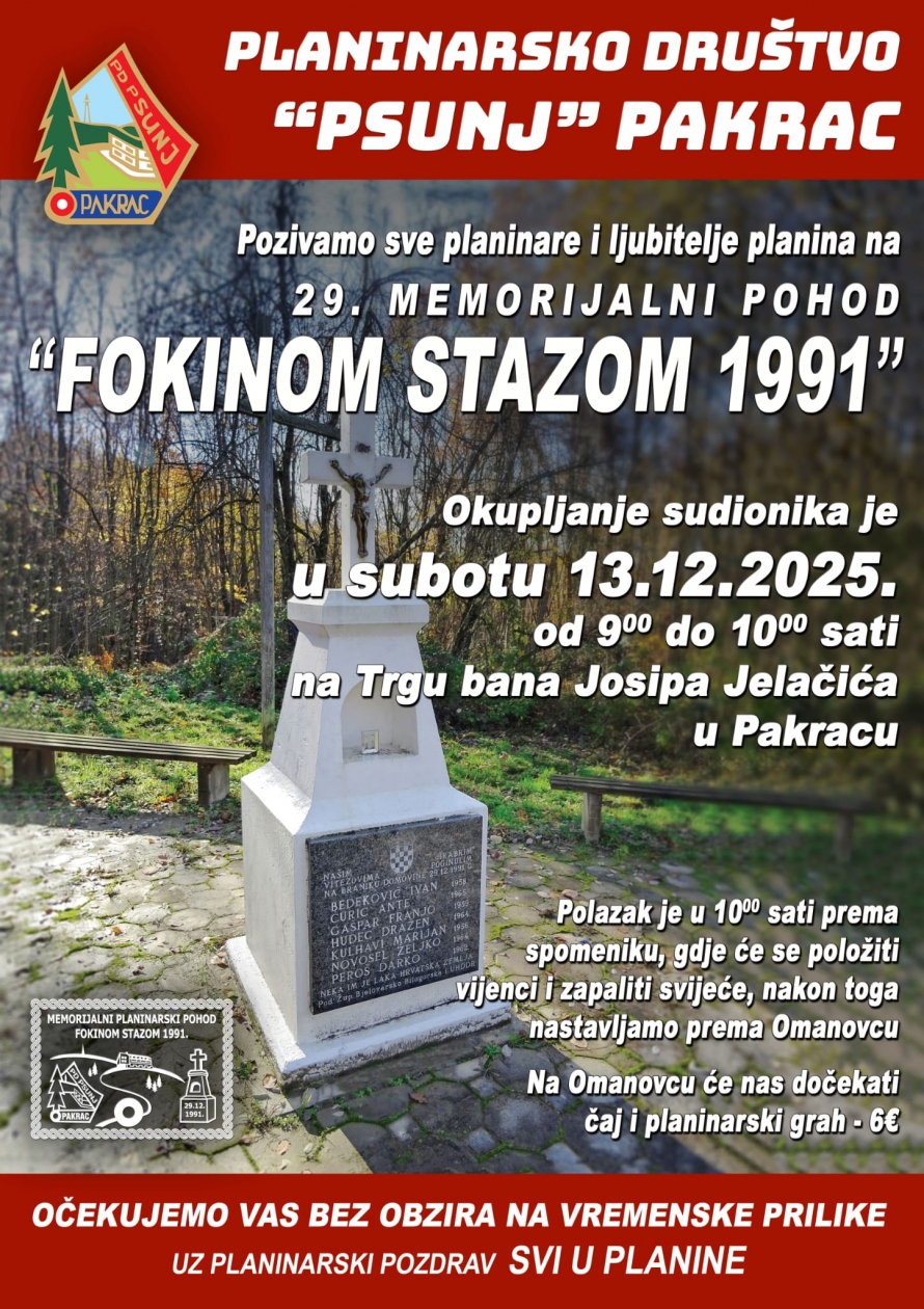 Pakrac 13. prosinca obilježava 29. pohod „Fokinom stazom 1991.“ – sjećanje koje ne blijedi