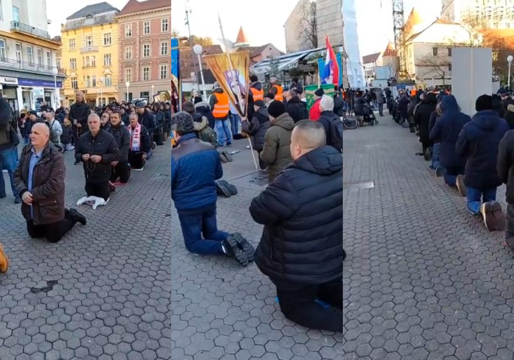 I jutros muška krunica na Trgu bana Jelačića; prosvjednici ometali molitvu uzvicima: Pobačaj u Ustav