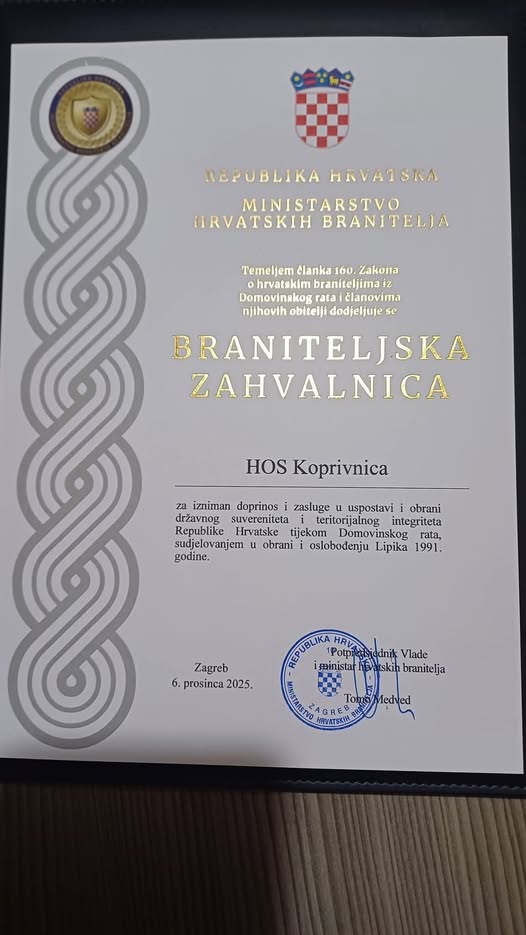 HOS Koprivnica primio Braniteljsku zahvalnicu Ministarstva hrvatskih branitelja