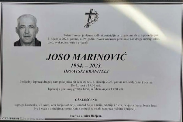 JOSO MARINOVIĆ (1954 - 2023) HRVATSKI BRANITELJ - POSLIJEDNI POZDRAV