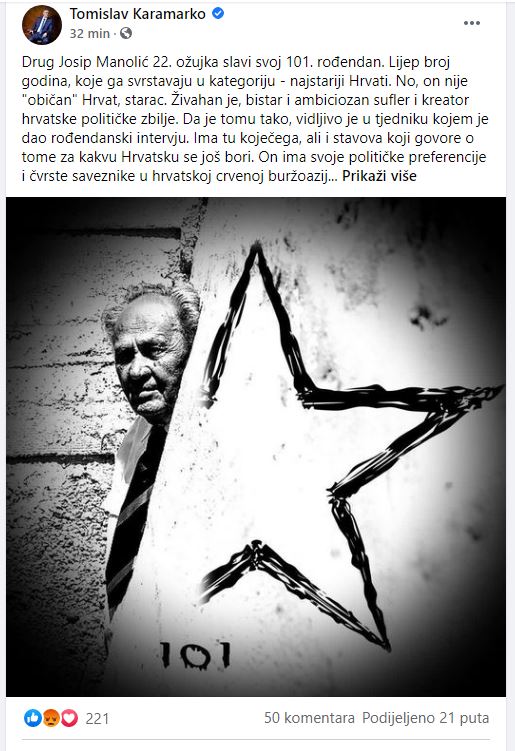 KARAMARKO NA FACEBOOKU ‘ČESTITAO’ ROĐENDAN MANOLIĆU: ‘Nije on kriv ni za što jer pojam krivice u Hrvatskoj je relativan’