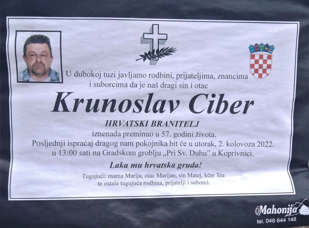 HRVATSKI BRANITELJ KRUNOSLAV CIBER (57. godina) - POSLJEDNI POZDRAV