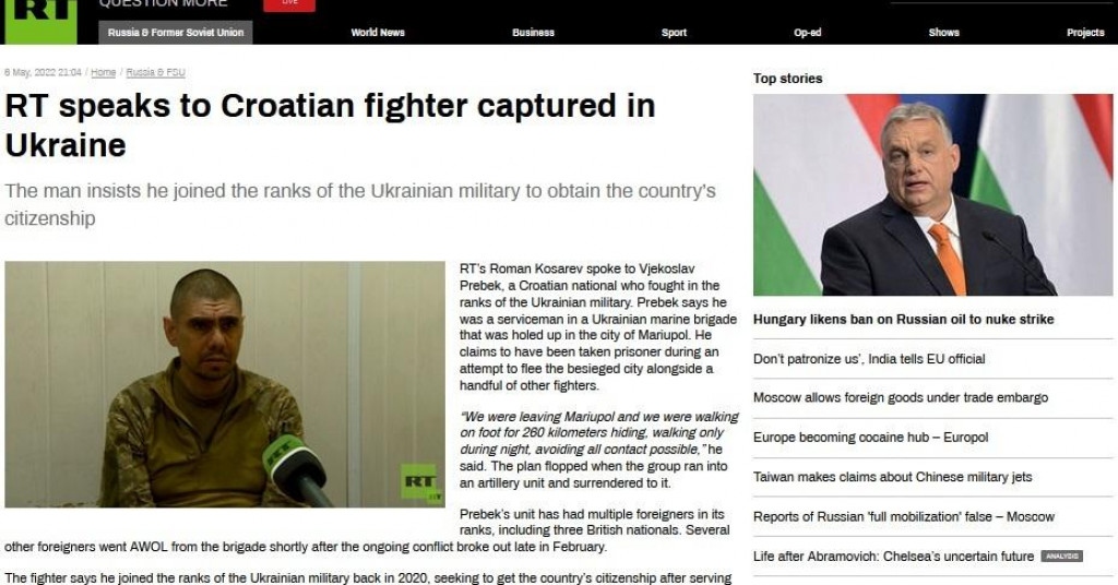 Ruska državna televizija RT objavila razgovor s Hrvatom za kojeg tvrdi da je zarobljen u Mariupolju