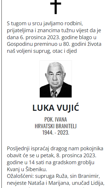 LUKA VUJIĆ (1944 - 2023) - POSLJEDNI POZDRAV PRVOM ZAPOVJEDNIKU 142. BRIGADE HV DRNIŠ