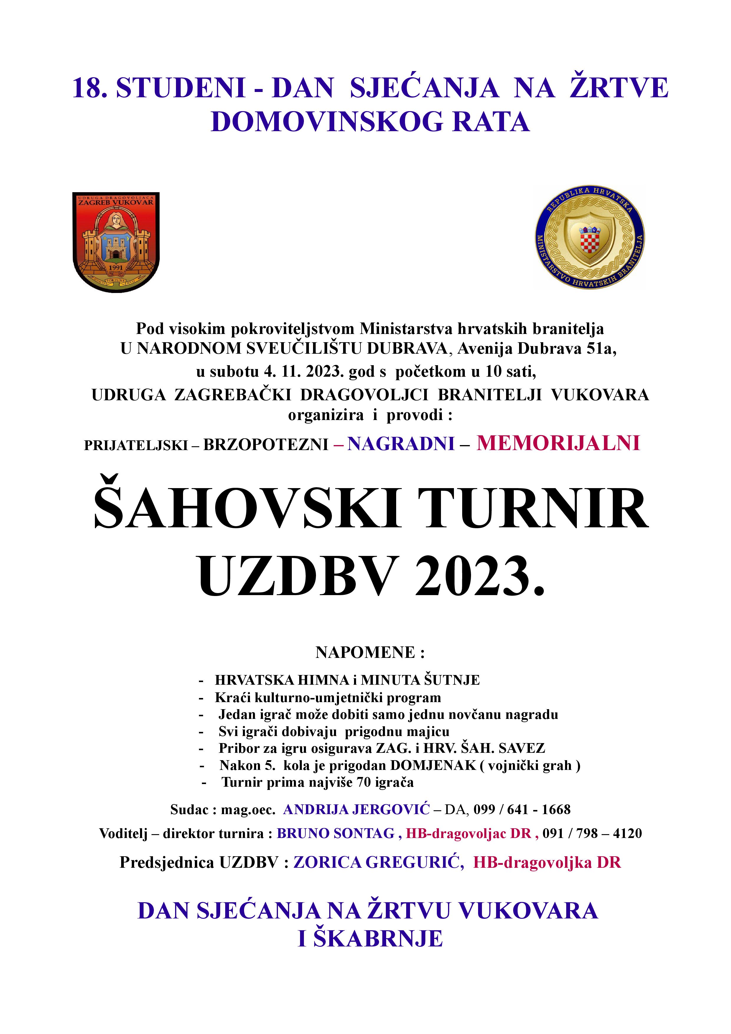 Memorijalni šahovski turnir UZDBV 2023