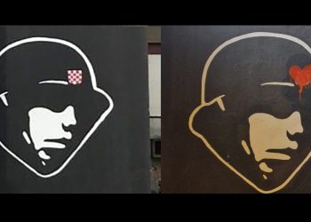 Nepoznati počinitelj vandalizirao mural hrvatskom vojniku, prešarao šahovnicu s crvenim srcem