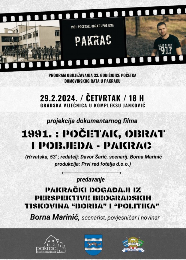 Projekcija dokumentarnog filma i predavanje povjesničara o početku Domovinskog rata