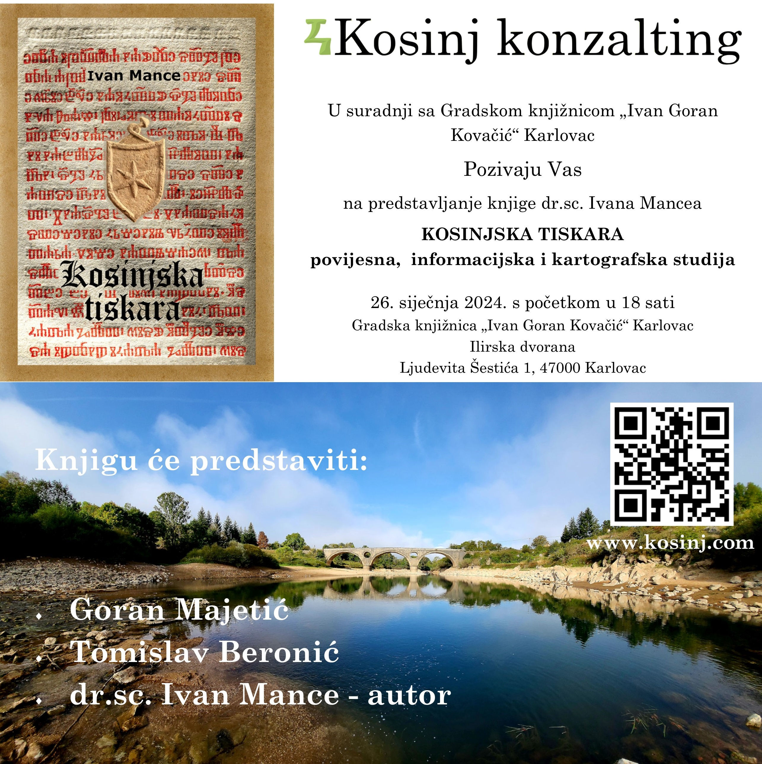 Poziv na predstavljanje knjige dr.sc. Ivana Mancea - 'KOSINJSKA TISKARA - povijesna, informacijska i kartografska studija'