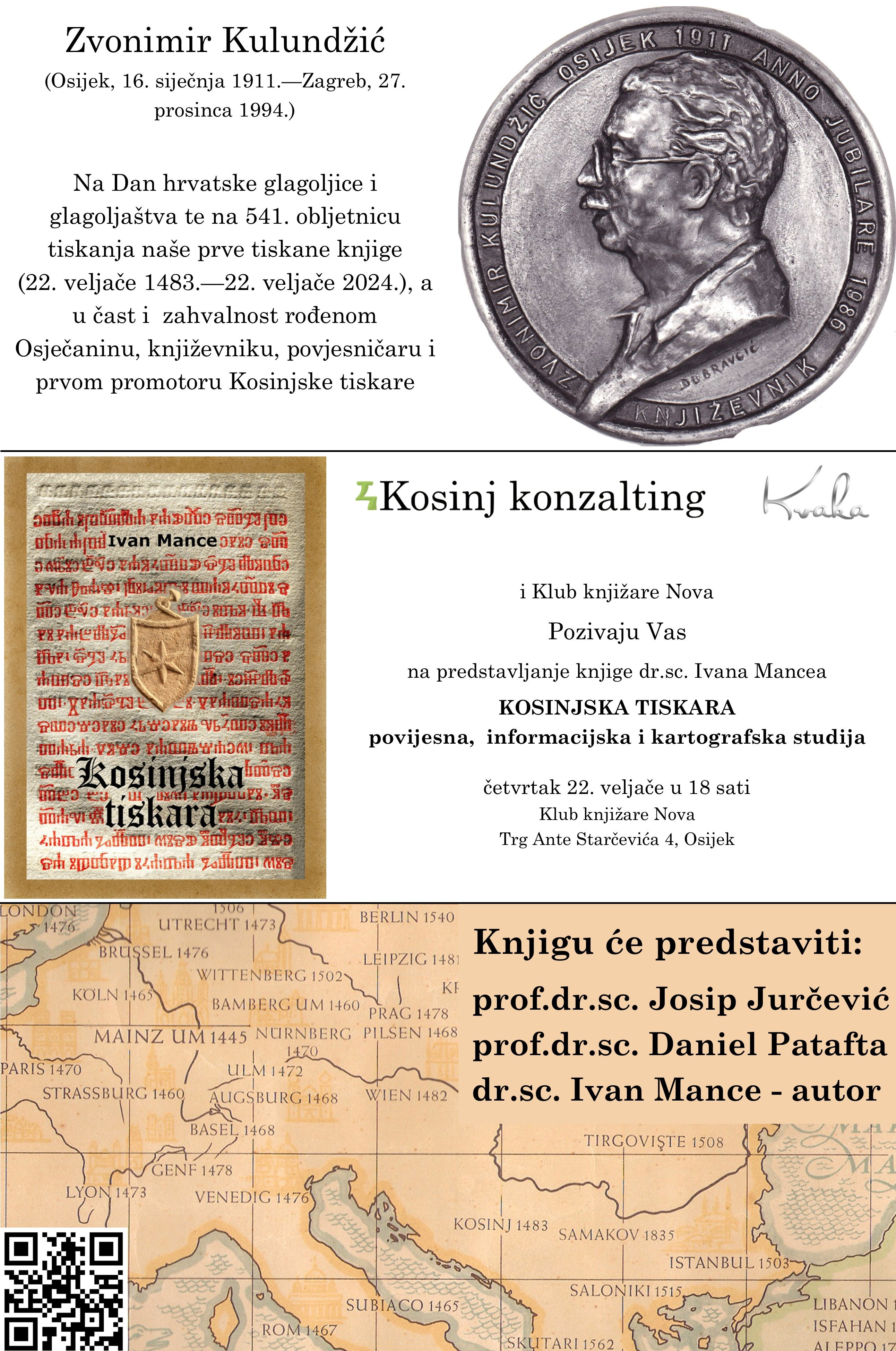 Poziv na predstavljanje knjige dr.sc. Ivana Mancea - 'KOSINJSKA TISKARA - povijesna, informacijska i kartografska studija' u Osijeku