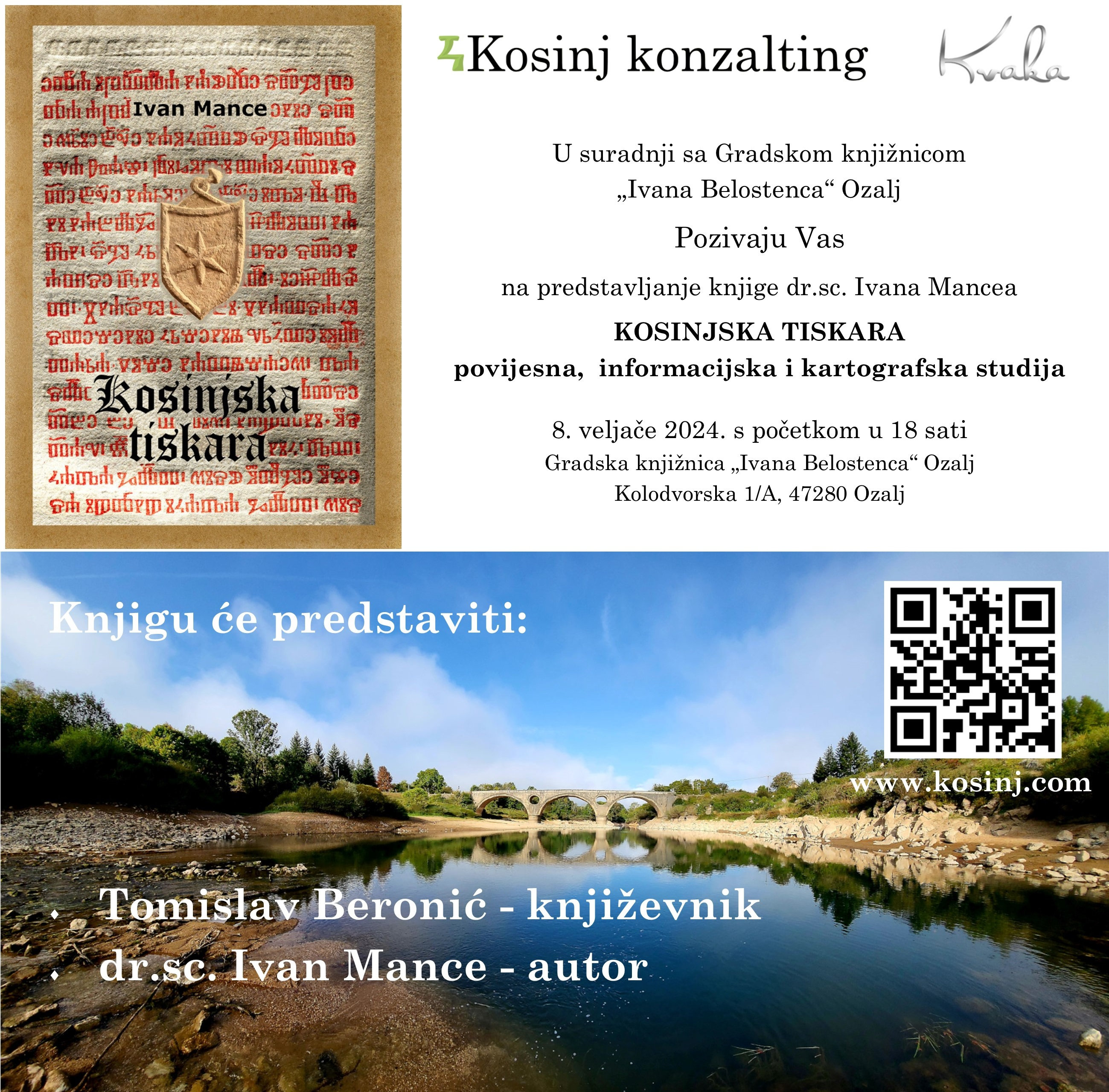 Poziv na predstavljanje knjige dr.sc. Ivana Mancea - 'KOSINJSKA TISKARA - povijesna, informacijska i kartografska studija'
