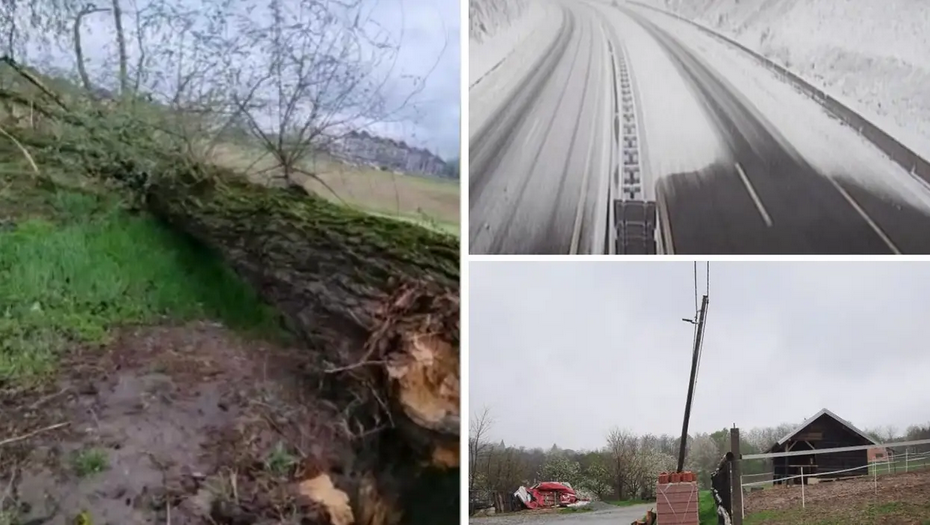 VIDEO Snažan vjetar u Osijeku rušio drveće, u Daruvaru ljuljao stup. U Gorskom kotaru snijeg