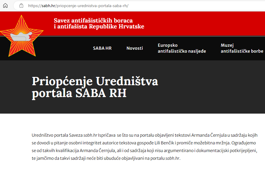 Portal Saveza antifašističkih boraca i antifašista RH sabh.hr javno se ispričao Lili Benčik i otkazao suradnju autoru tih tekstova Armandu Černjulu