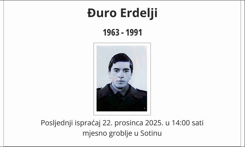Posljednji ispraćaj hrvatskog branitelja Đure Erdeljija danas u Sotinu