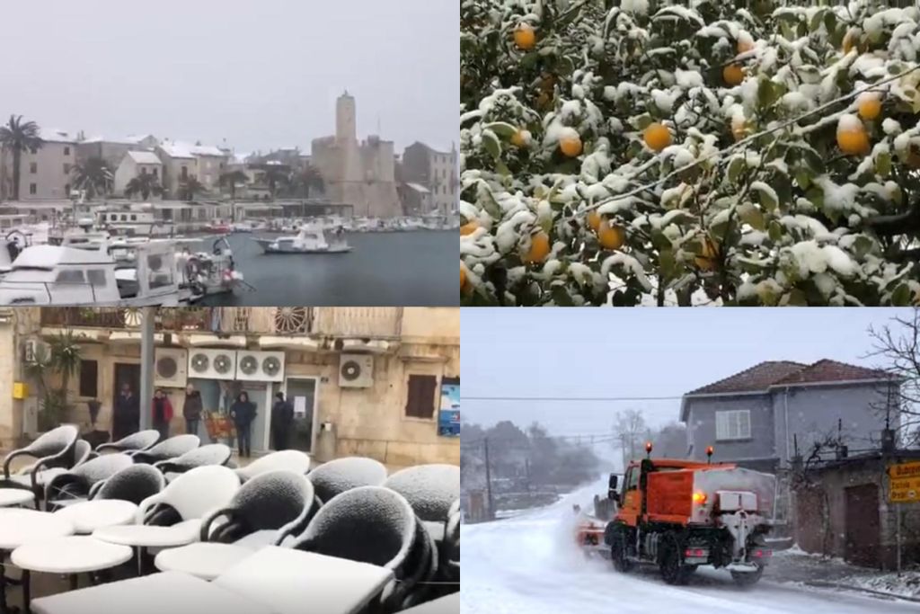 Snijeg pada u Dalmaciji: Zabijelili otoci, a olujni vjetar stvara probleme u prometu