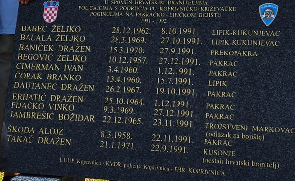 U Pakracu otkrivena spomen ploča poginulim policajcima PU Koprivničko-križevačke u Domovinskom ratu  braneći Pakrac i Lipik