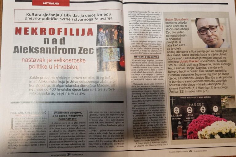 Strašne sudbine Martine Štefančić, četverogodišnje djevojčice mučki ubijene u Borovu Selu na prvi dan proljeća 1992. i Aleksandre Zec, tipični su primjer političkog licemjerja