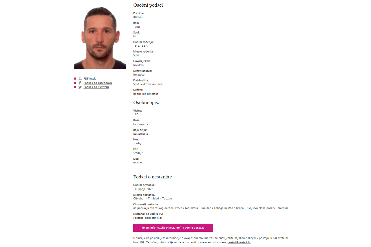 Na području Atlantika s broda nestao časnik iz Splita