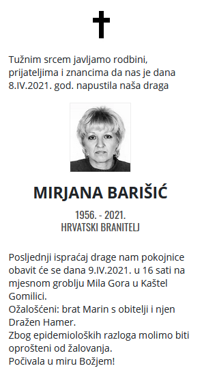 Mirjana Barišić - Hrvatski branitelj 1956. - 2021.