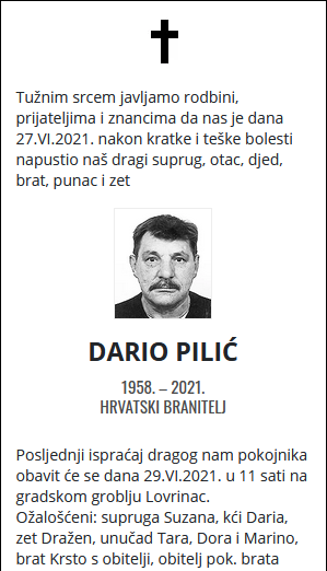 Dario Pilić - Hrvatski branitelj 1958. - 2021.