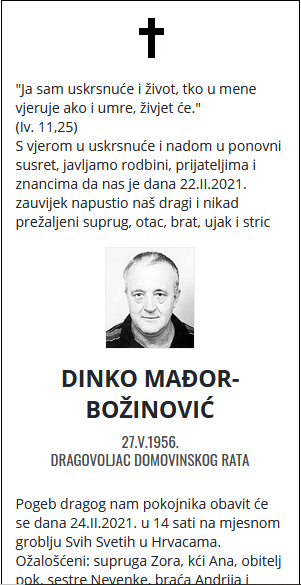 Dinko Mađor-Božinović - dragovoljac Domovinskog rata 1956. - 2021.