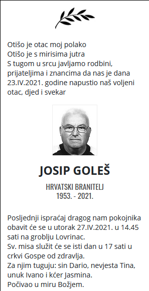 Josip Goleš - Hrvatski branitelj 1953. - 2021.