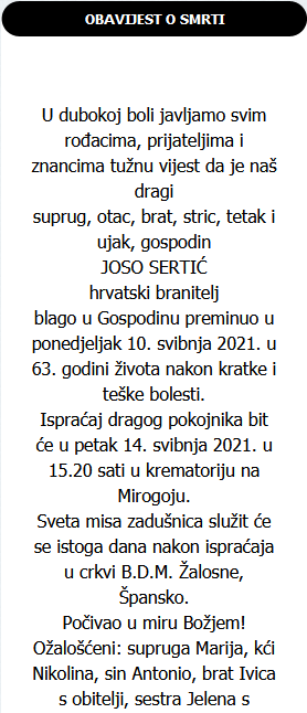 Joso Sertić - Hrvatski branitelj 1958.- 2021.