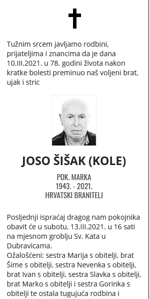 Joso Šišak - Hrvatski branitelj 1943. - 2021.