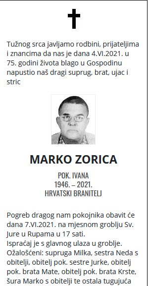 Marko Zorica - Hrvatski branitelj 1946. - 2021.