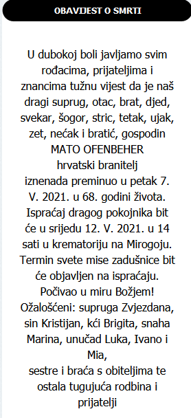 Mato Ofenbeher - Hrvatski branitelj 1953. - 2021.