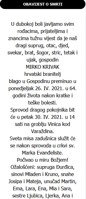 Mirko Krivak - Hrvatski branitelj 1957. - 2021.