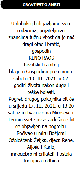 Reno Raos - Hrvatski branitelj 1959. - 2021.