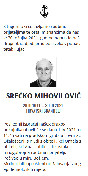 Srećko Mihovilović - Hrvatski branitelj 1941. - 2021.