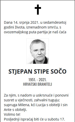 Stjepan Stipe Sočo - Hrvatski branitelj 1951. - 2021.