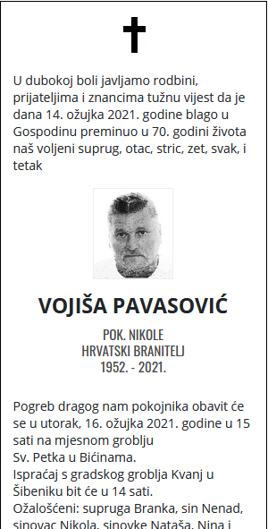 Vojiša Pavasović - Hrvatski branitelj 1952. - 2021.