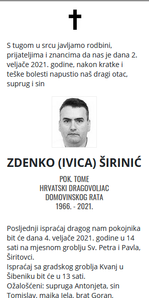 Zdenko Širinić - dragovoljac Domovinskog rata 1966. - 2021.